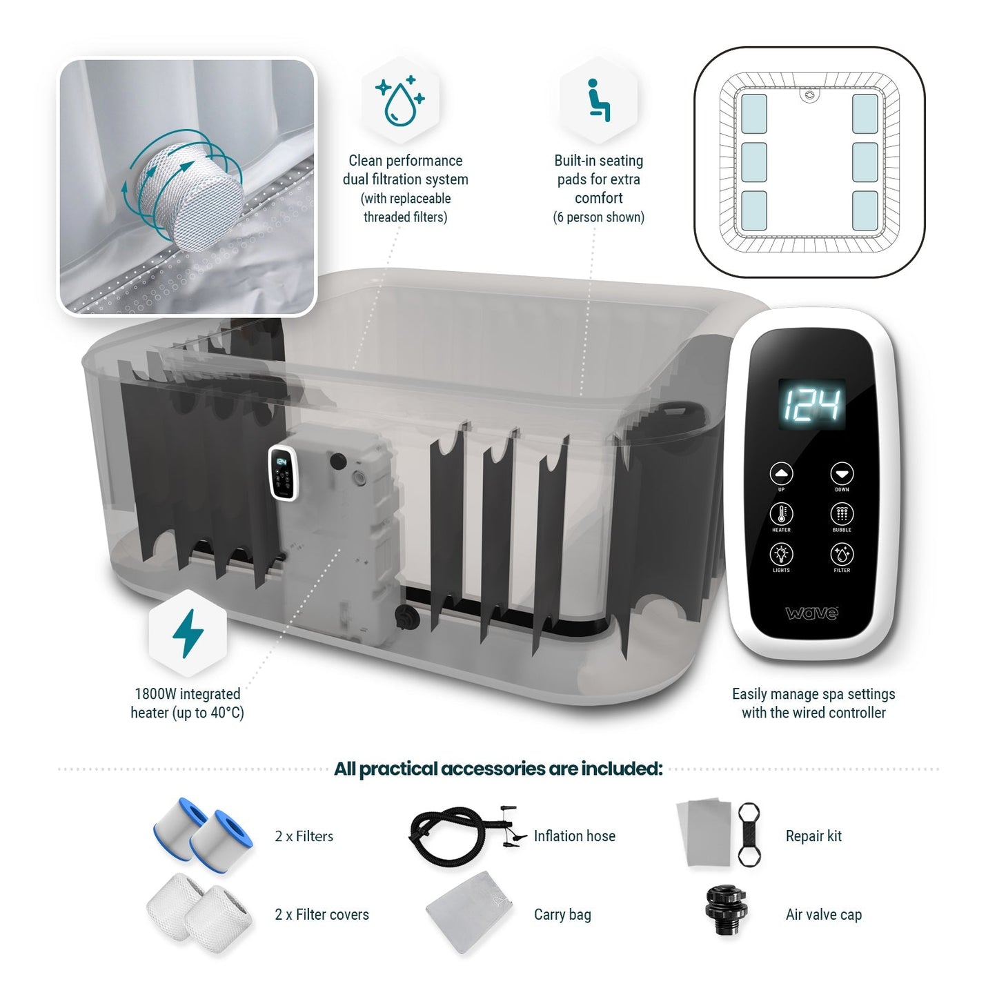 Pacific | 4/6-Person Inflatable Hot Tub | Integrated Heater | UKCA