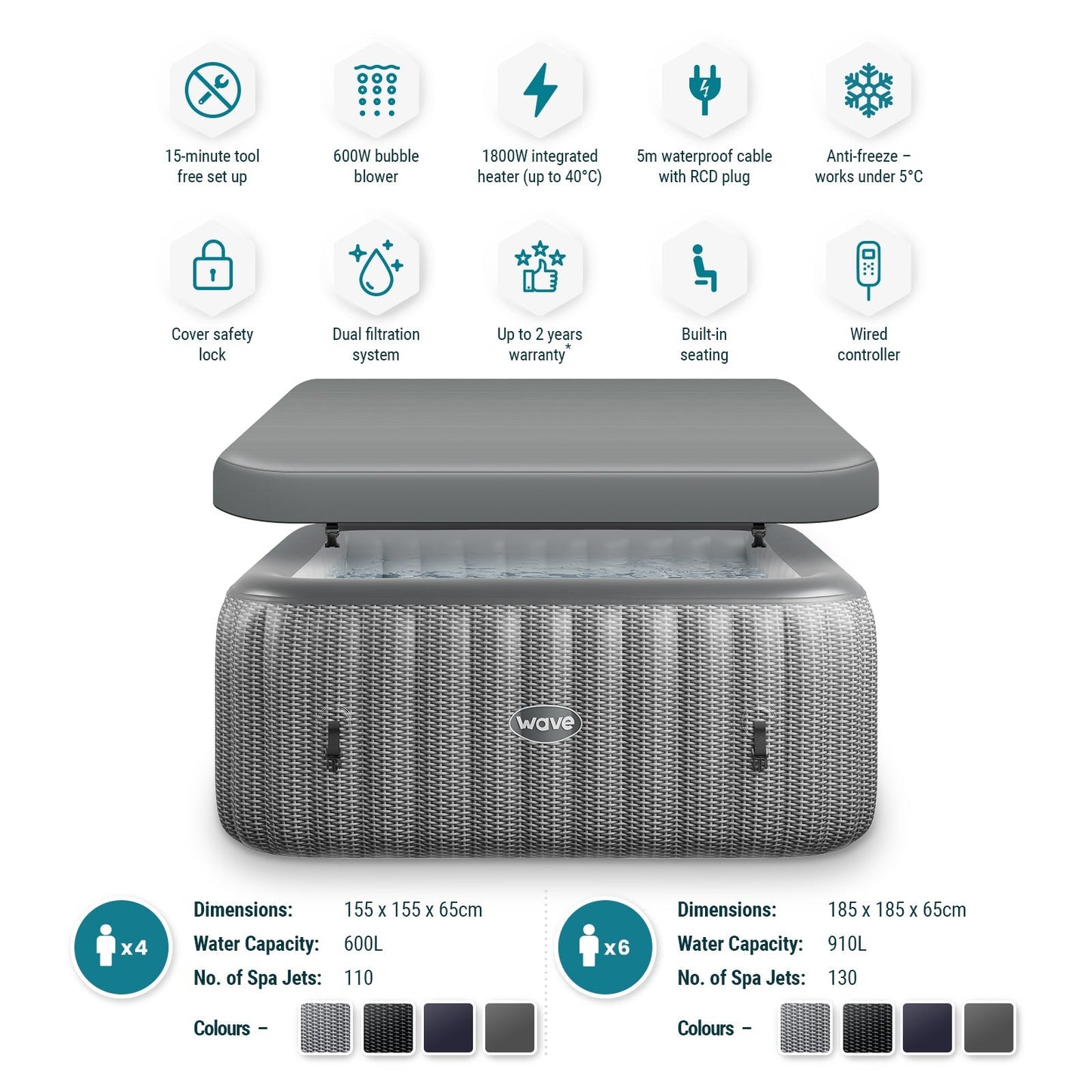 Pacific | 4/6-Person Inflatable Hot Tub | Integrated Heater | UKCA