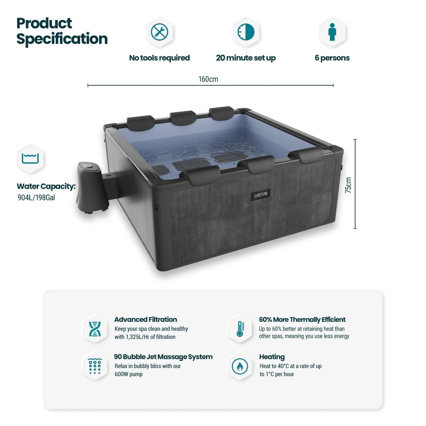 Adriatic | 6 Person Square Aluminium Frame Hot Tub | Black Wood | UKCA